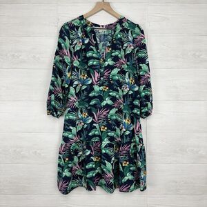 LOFT Tropical Palm Print Flounce Shirt Dress Size M Linen Blend Green Henley